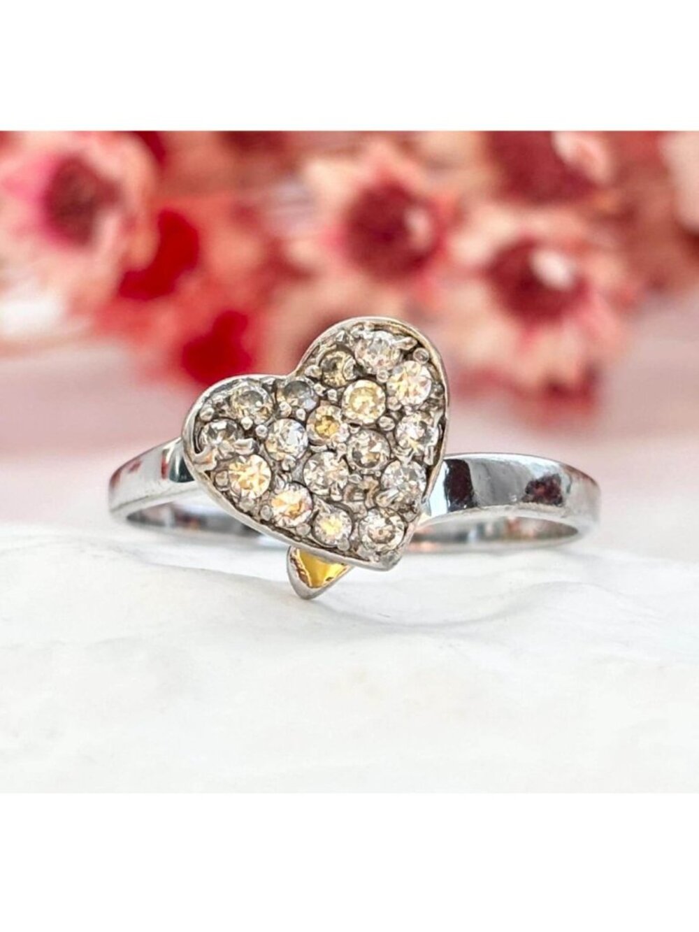 Heart Shaped Bypass Shank CZ Stone Sterling Silver 925 Vintage Ring - sz 9